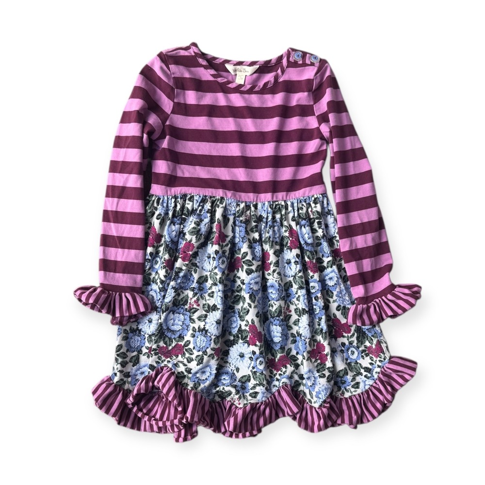 Matilda Jane Girls Long Sleeve Striped Floral Ruffled Dress Size 6 - Picture 1 of 5